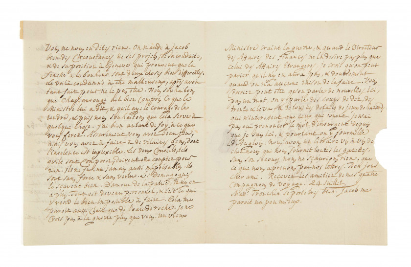 THÉODORE TRONCHIN (1709-1781) Lettre autographe à monsieur de Franchi