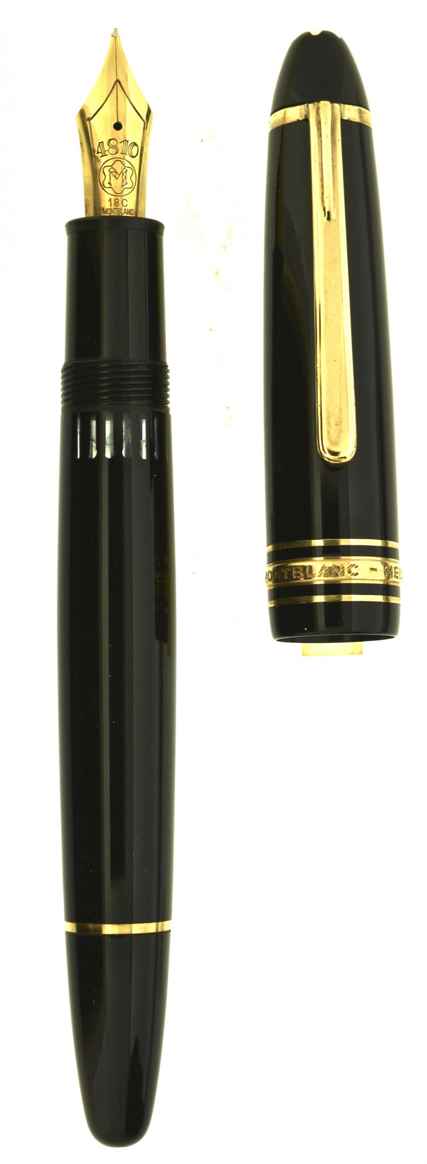 MONTBLANC Stylo plume Meisterstück 146 Legrand, résine noire et attributs plaqués or jaune. Plume or 18 carats moyenne, remplissag...