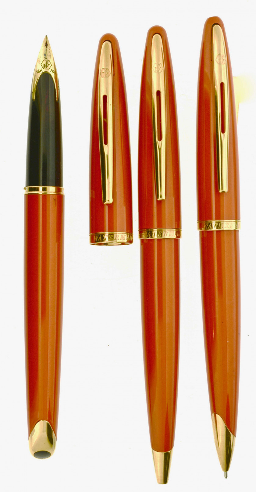 WATERMAN Parure plume + bille + mine de la collection Carène. Laque orange et attributs plaqués or. Plume or 18 carats fine, rempl...