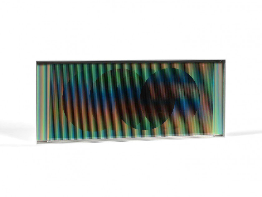 Carlos CRUZ DIEZ Né en 1923 Chromointerference Manipulable Série Marion B - 2008 Sérigraphie en couleurs sur plexiglass et structure...