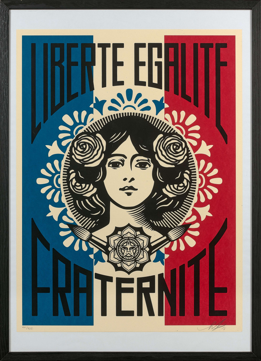 Shepard FAIREY (Alias OBEY GIANT) Né en 1970 Liberté - Egalité - Fraternité - 2016 Sérigraphie en couleurs