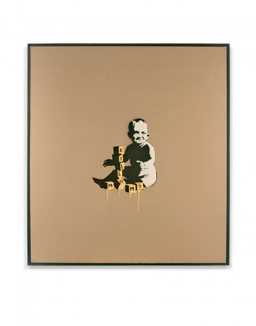 BANKSY Anglais - Né en 1974 Kill Mom ? - 2003 Pochoir, acrylique et peinture aérosol sur carton