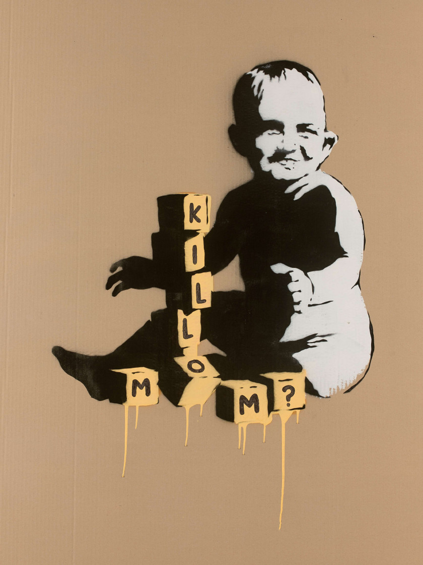 BANKSY Anglais - Né en 1974 Kill Mom ? - 2003 Pochoir, acrylique et peinture aérosol sur carton