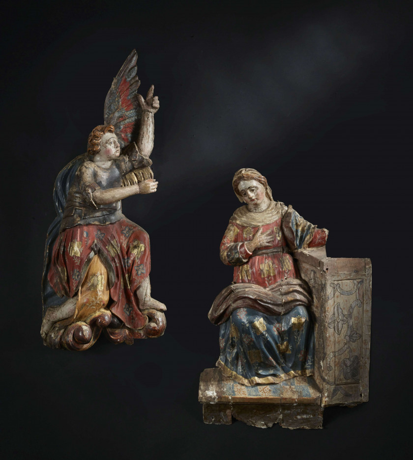 France du Sud, deuxième moitié du XVIIe siècle L'Annonciation Deux fragments de retable en bois sculpté en haut relief doré et polyc..