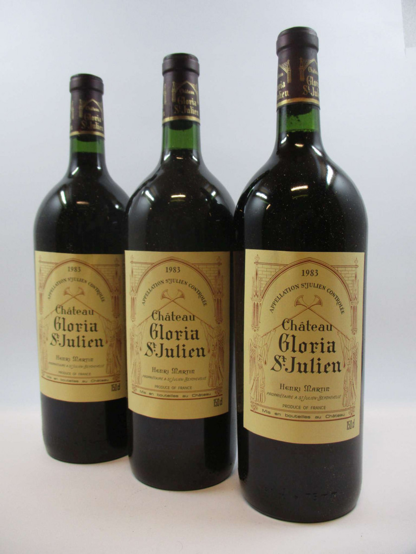 6 magnums CHÂTEAU GLORIA 1983 Saint Julien (étiquettes fripées) Caisse bois d'origine