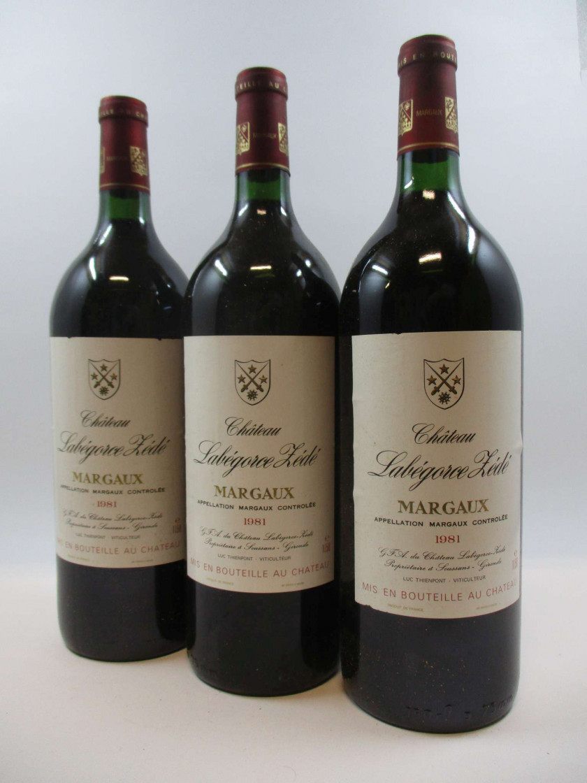 6 magnums CHÂTEAU LABEGORCE ZEDE 1981 Margaux (étiquettes fanées) Caisse bois d'origine