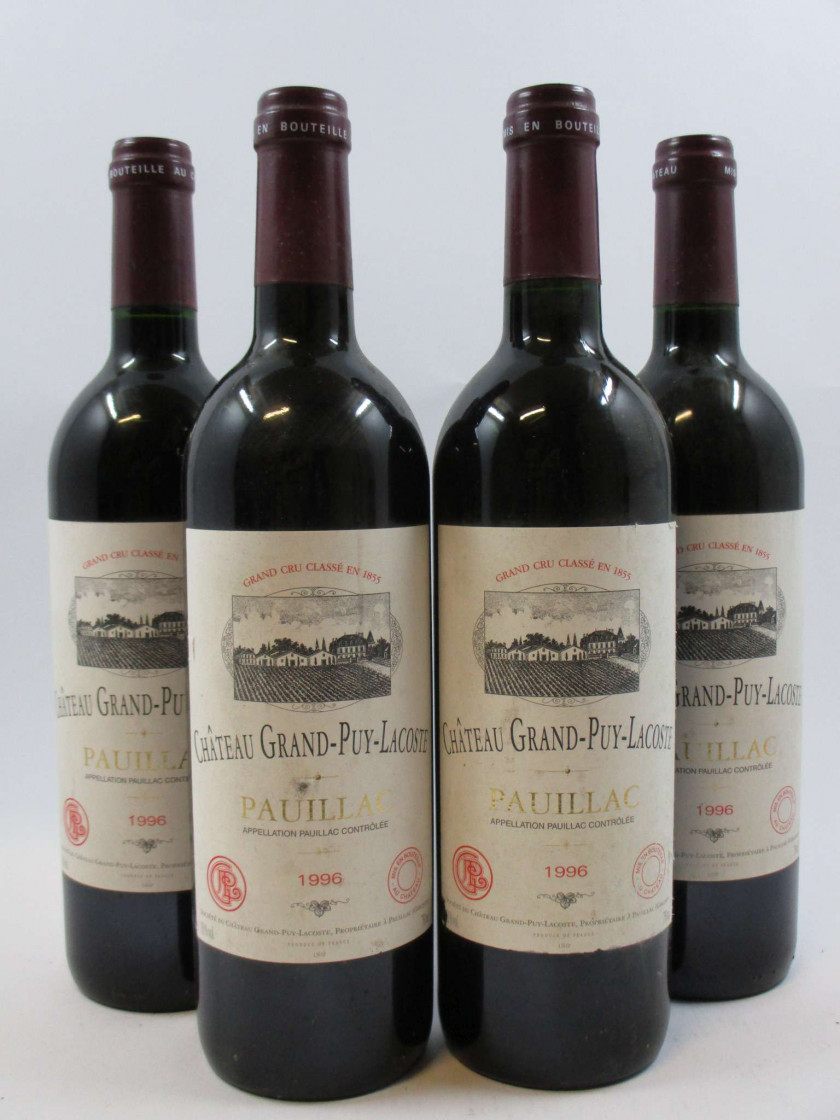 4 bouteilles CHÂTEAU GRAND PUY LACOSTE 1996 5è GC Pauillac (étiquettes léger abimées)