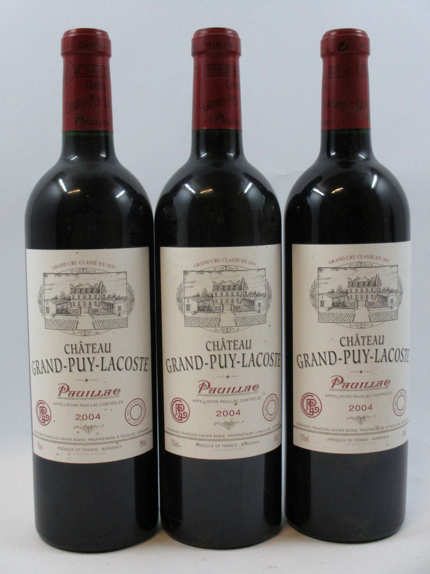 3 bouteilles CHÂTEAU GRAND PUY LACOSTE 2004 5è GC Pauillac (étiquettes léger tachées)