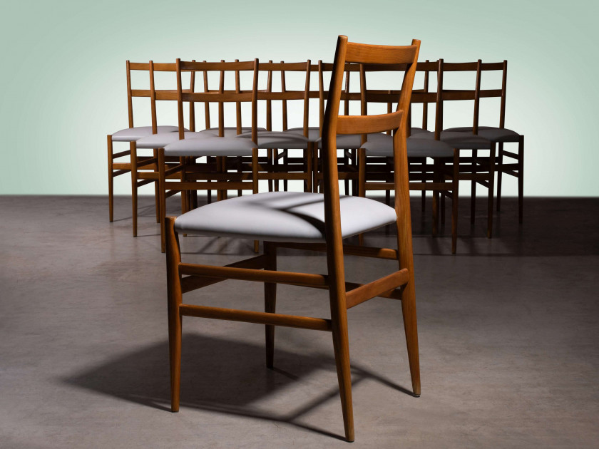 Gio PONTI (1891 - 1979) Suite de douze chaises mod. 646 dites «Leggera» – Création 1951 Piètement et structure en frêne massif, assi...