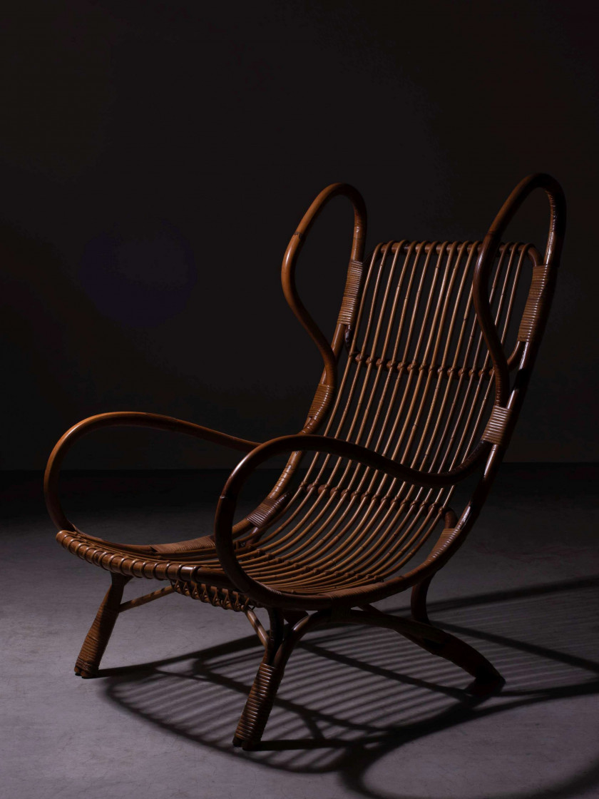 Gio PONTI (1891 - 1979) Paire de fauteuils dits «Continuum» - 1963 Structure en rotin et jonc, coussins tapissés de tissu bleu