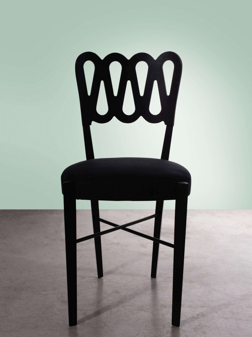 Gio PONTI (1891 - 1979) Suite de six chaises mod. 969 - Circa 1969 Piètement et structure en bois laqué noir, assise tapissée de vel...