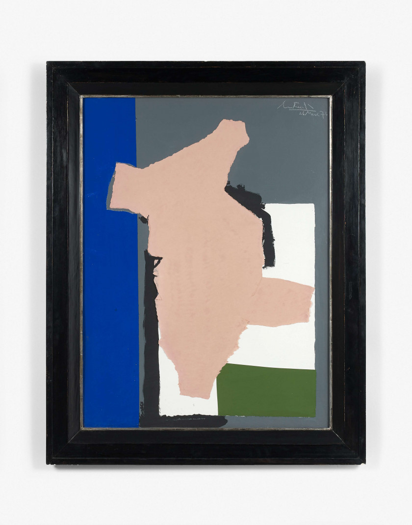 Robert MOTHERWELL (1915 - 1991) PINK NUDE WITH BLUE STRIPE - 1976 Acrylique et collage de toile et papier sur toile montée sur panne...