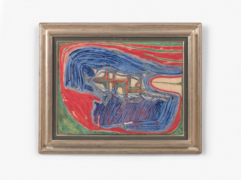 Friedensreich HUNDERTWASSER (1928 - 2000) LES FENETRES D'UN FLUDOÏD - 1957 Aquarelle sur papier marouflé sur toile