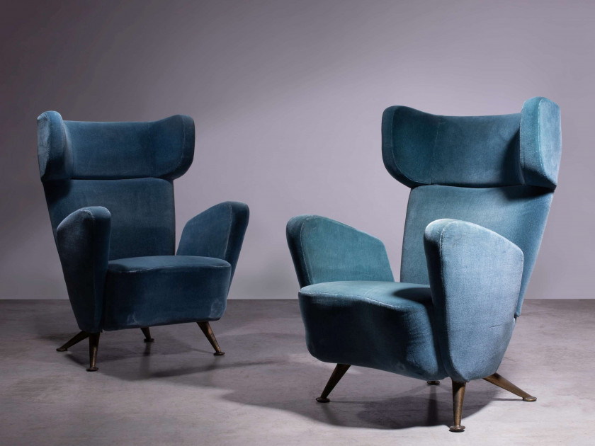 Gio Ponti & Giulo MINOLETTI (1891 - 1979 & 1910 - 1981) Paire de fauteuils dits «Settebello» - Circa 1950 Piètement en métal doré, s...