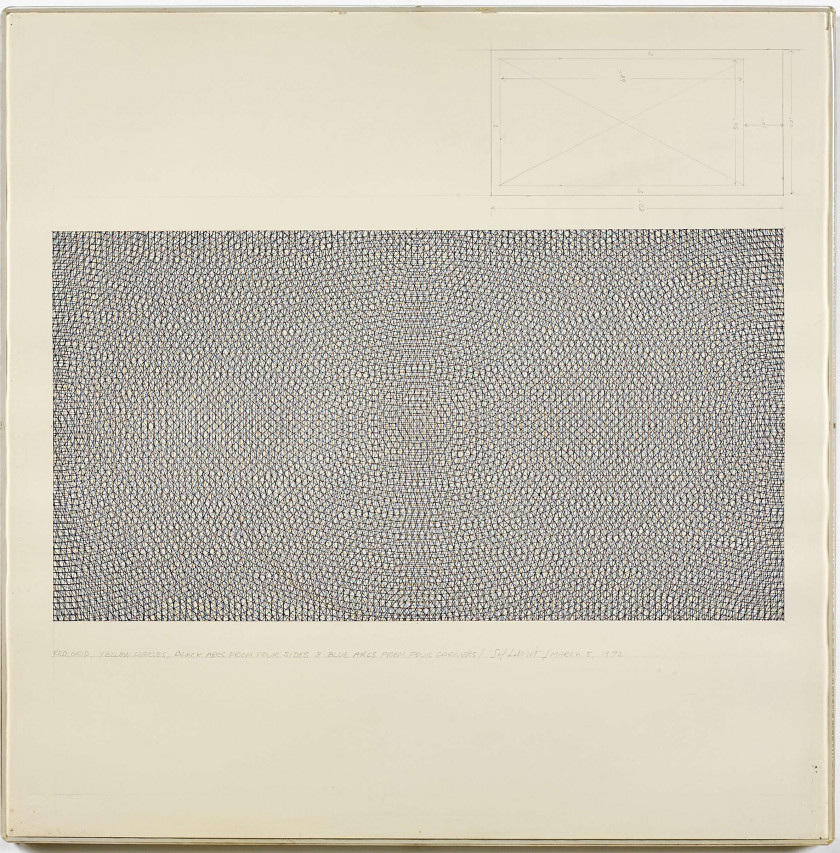 Sol LEWITT (1928 - 2007) RED GRID, YELLOW CIRCLES, BLACK ARCS FROM FOUR SIDES AND BLUE ARCS FROM FOUR CORNERS - 1972 Encre sur papie...