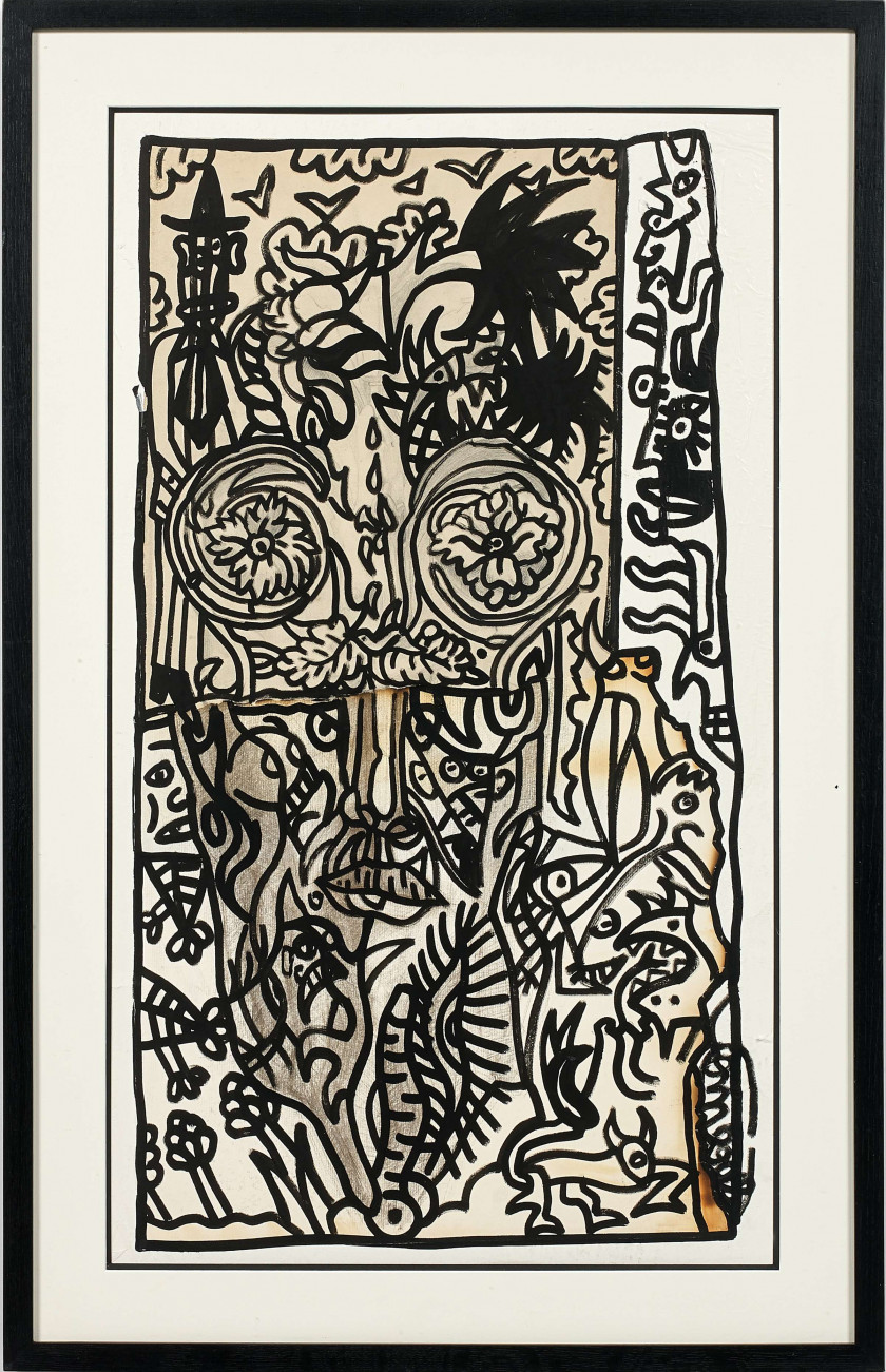 Robert COMBAS (Né en 1957) LONGONEZ OEILLETS DEFONCES ENVIRONNE DE PLEIN DE QUELQUES ZUNS - 2014 Technique mixte sur papier et colla...