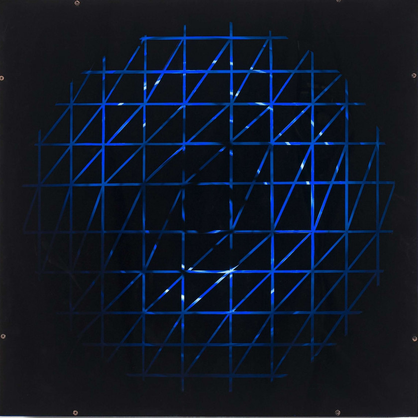 ¤ Grazia VARISCO (Née en 1937) SCHEMA LUMINOSO VARIABILE R.VOD - 1963 Plexiglas de couleur, plastique adhésif, néon rond, bois et mote.