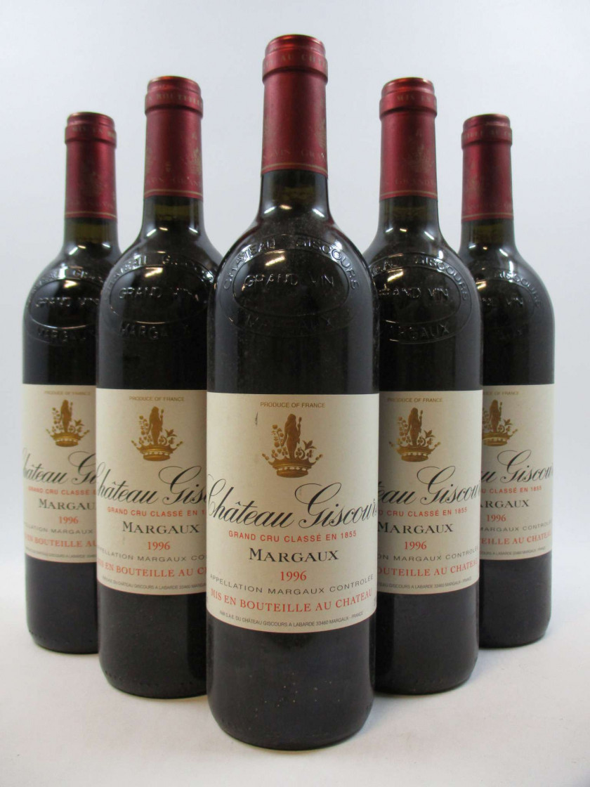 5 bouteilles CHÂTEAU GISCOURS 1996 3è GC Margaux (3 base goulot