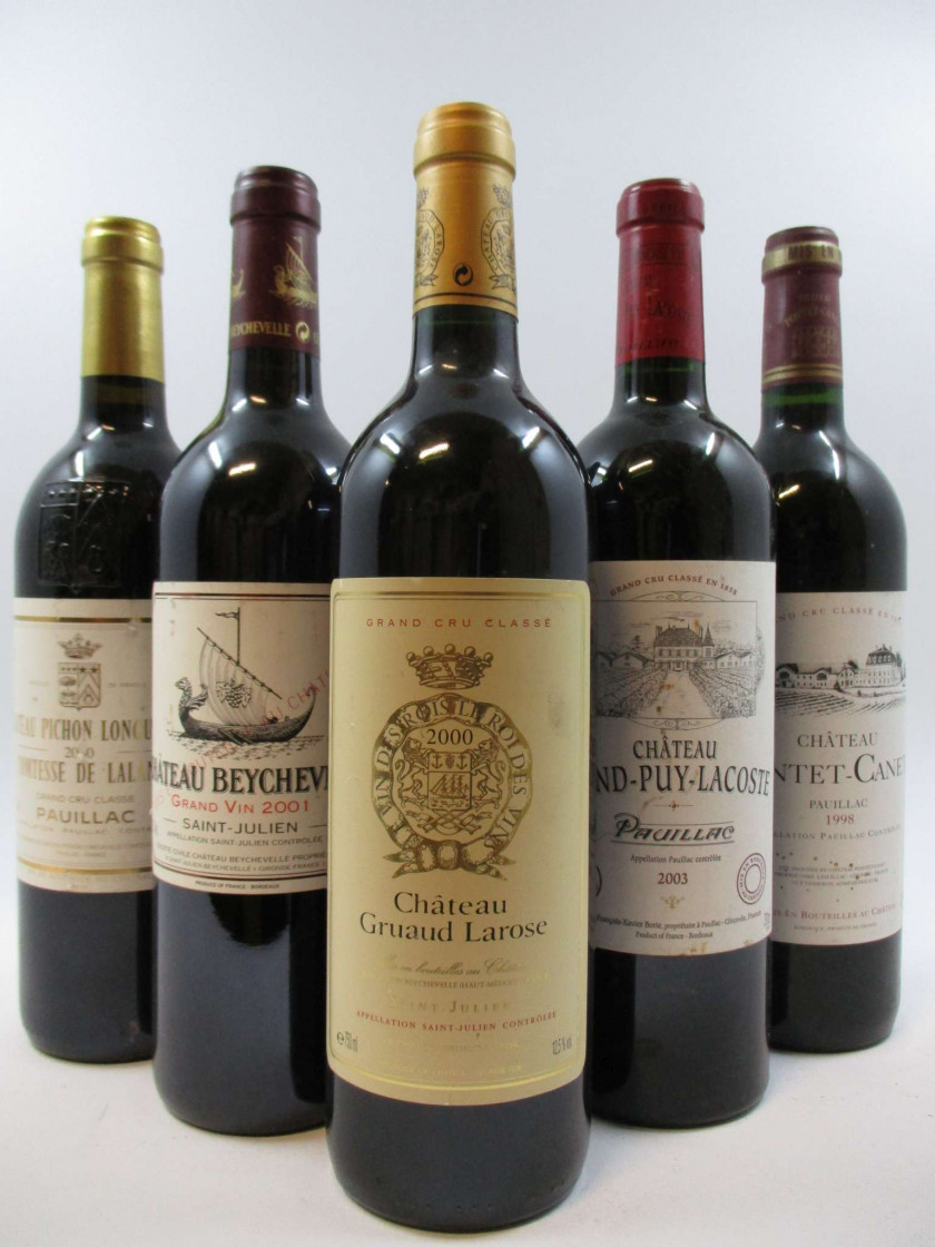 5 bouteilles 1 bt : CHÂTEAU PICHON COMTESSE DE LALANDE 2000   (étiquette abimée, déchirée)