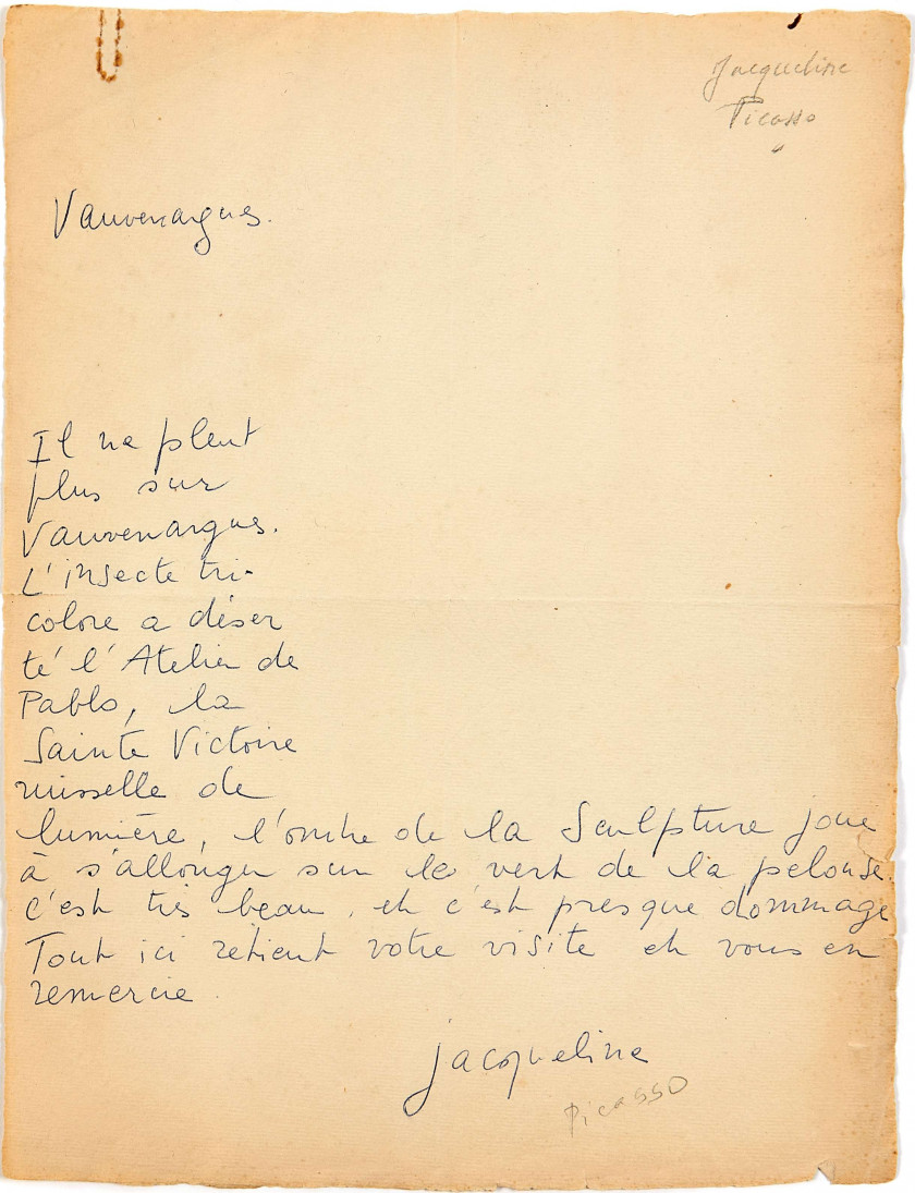 Jacqueline PICASSO 1926-1986 Une lettre autographe signée de Jacqueline Picasso (Vauvenargues)