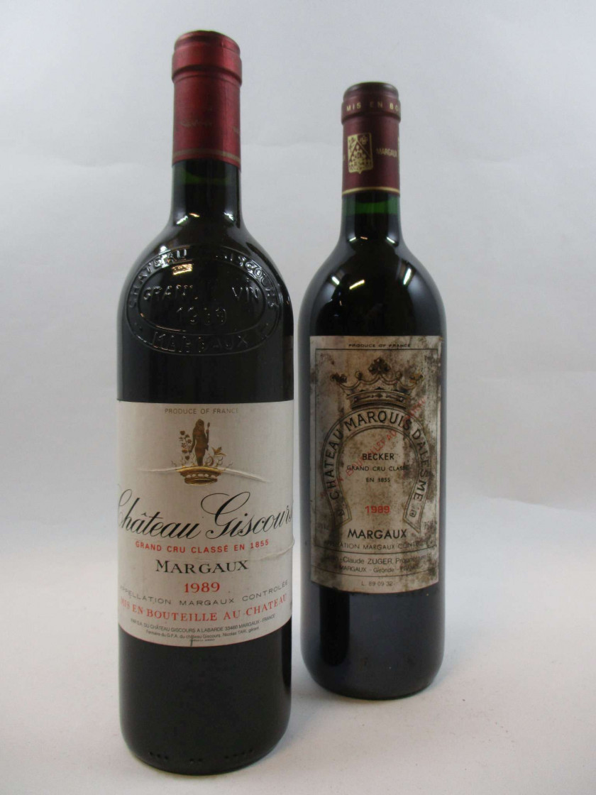 10 bouteilles  6 bts : CHÂTEAU GISCOURS 1989 3è GC Margaux (étiquettes léger fripées, déchirées) 4 bts : CHÂTEAU MARQUIS D'ALESME...