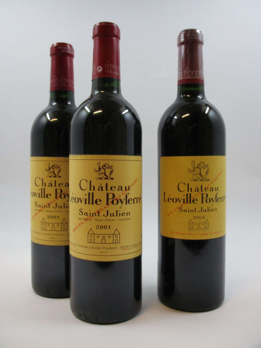 3 bouteilles 2 bts : CHÂTEAU LEOVILLE POYFERRE 2001 2è GC Saint Julien (étiquettes fanées)