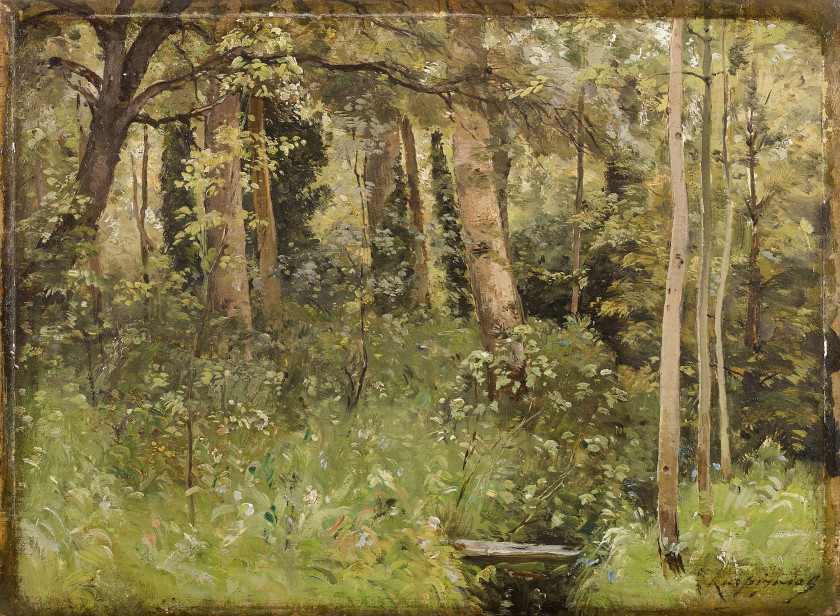 Henri-Joseph HARPIGNIES Valenciennes, 1819 - Saint-Privé, 1916 Sous-bois au petit gué et Sous-bois à l'arbre penché Paire d'huiles s.