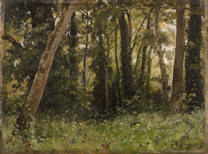 Henri-Joseph HARPIGNIES Valenciennes, 1819 - Saint-Privé, 1916 Sous-bois au petit gué et Sous-bois à l'arbre penché Paire d'huiles s.