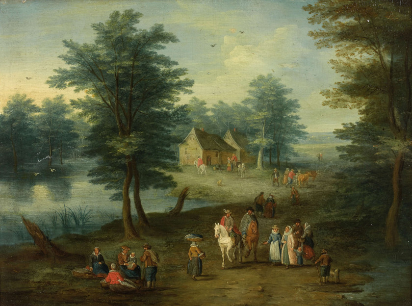 Ecole flamande du XVIIe siècle Suiveur de Jan Brueghel le Jeune Paysages fluviaux animés de personnages Paire d'huiles sur panneaux...