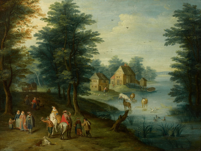 Ecole flamande du XVIIe siècle Suiveur de Jan Brueghel le Jeune Paysages fluviaux animés de personnages Paire d'huiles sur panneaux...