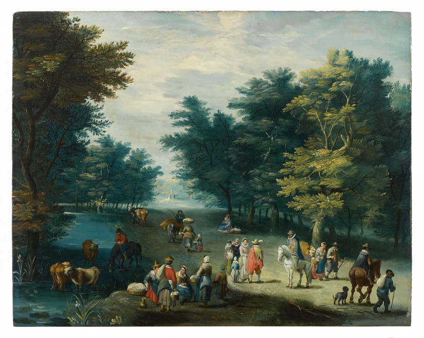 Ecole flamande de la seconde partie du XVIIIe siècle Suiveur de Josef van Bredael Paysages fluviaux animés de personnages Paire d'hu..