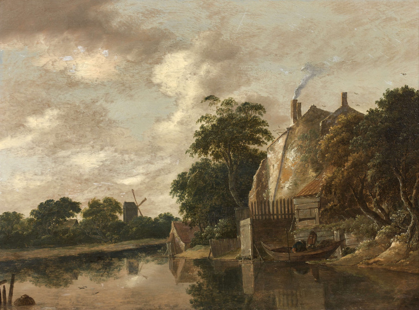 Claes HALS Haarlem, 1628 - 1686 Paysage fluvial au moulin Huile sur panneau de chêne, deux planches