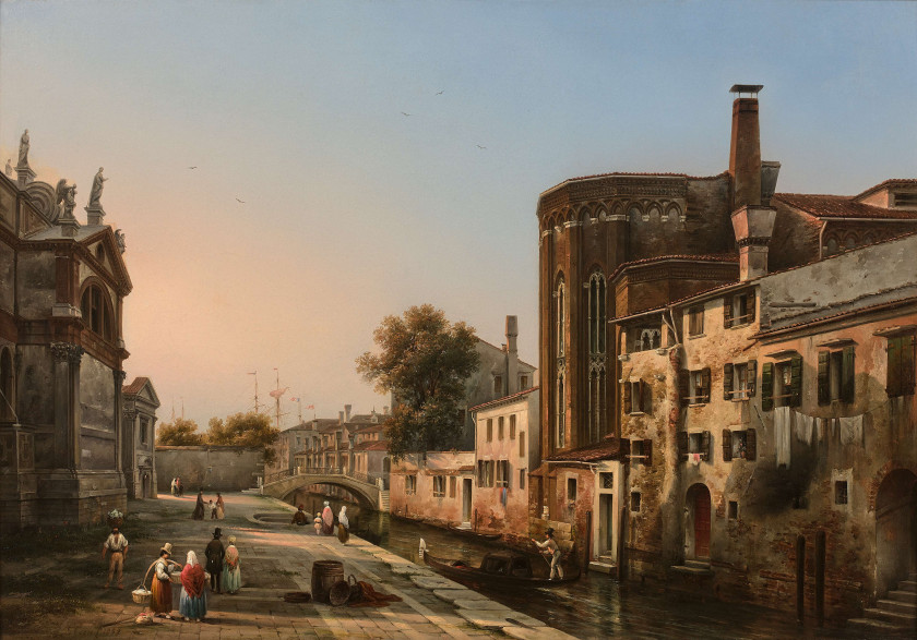 Guiseppe COEN Trévise, 1812 - Venise, 1856 Le chevet de San Gregorio et le côté de la Salute, Venise Huile sur toile