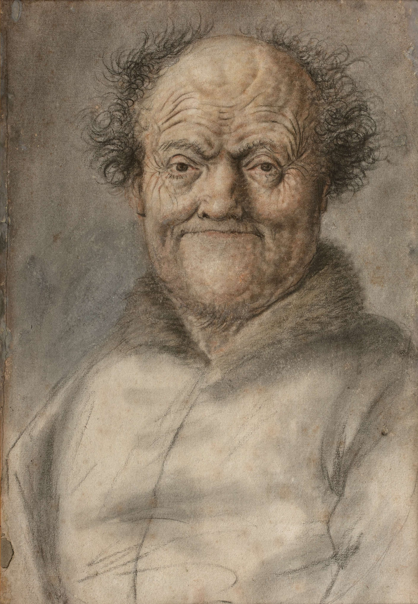 Nicolas LAGNEAU Actif au XVIIe siècle Portrait d'homme de face au col de fourrure Pierre noire, sanguine et rehauts de pastel brun e..