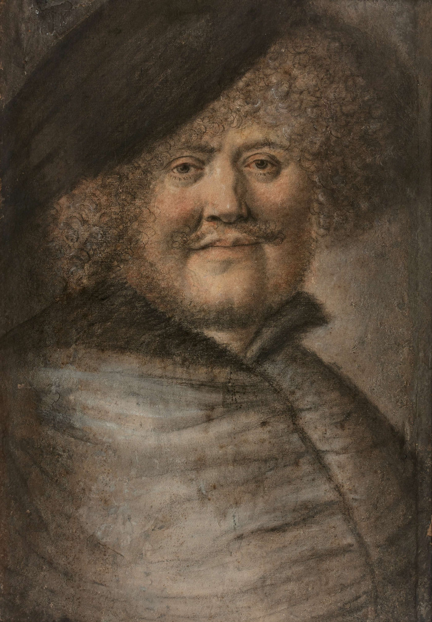 Nicolas LAGNEAU Actif au XVIIe siècle Portrait d'homme de face aux cheveux bouclés portant un large chapeau Trois crayons et rehauts..