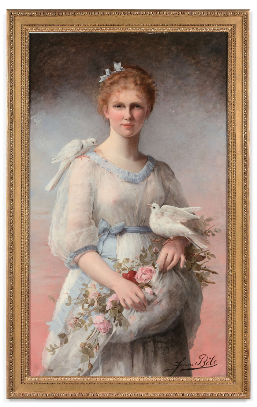 Jeanne BÔLE, comtesse de TOULZA (?), 1825 - Paris, 1891 Jeune fille aux colombes Huile sur toile (Toile d'origine)