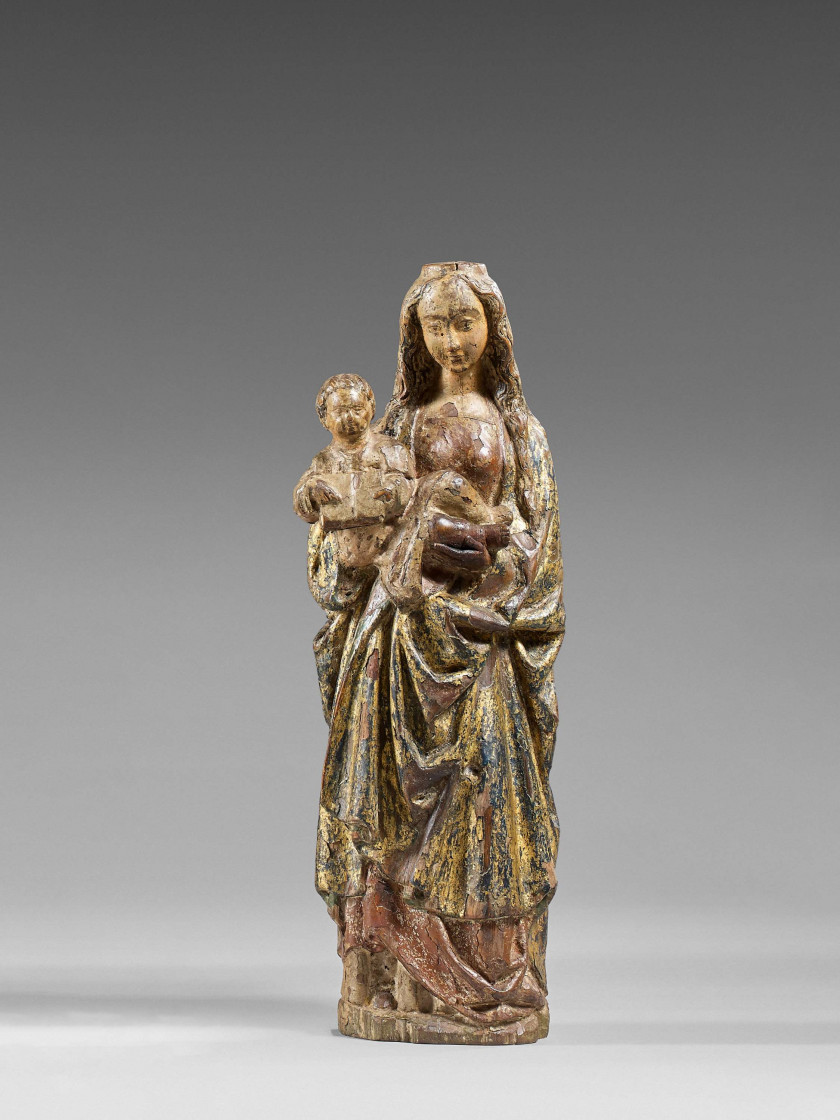 Pays-Bas méridionaux, Malines, premier tiers du XVIe siècle  La Vierge à l'Enfant Statuette d'applique en chêne polychromé et doré