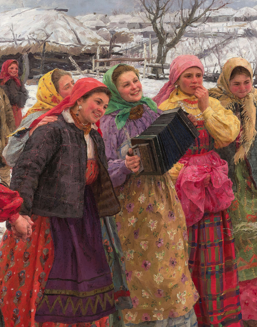 Fedot Vasilevich SYCHKOV Kochelaevo, 1870 - Saransk, 1958 Réjouissances paysannes dans la neige Huile sur toile (Toile d'origine)