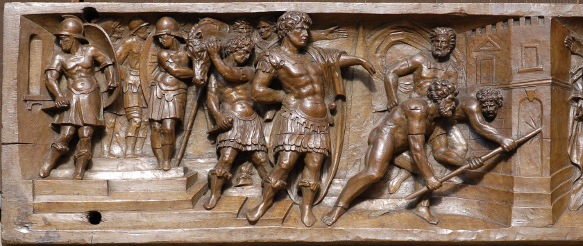 France méridionale, seconde moitié du XVIe siècle  Scène de l'histoire romaine, César forçant la porte de Pompée ? Relief en noyer s..