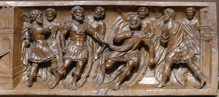 France méridionale, seconde moitié du XVIe siècle  Scène de l'histoire romaine, César forçant la porte de Pompée ? Relief en noyer s..