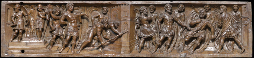 France méridionale, seconde moitié du XVIe siècle  Scène de l'histoire romaine, César forçant la porte de Pompée ? Relief en noyer s..