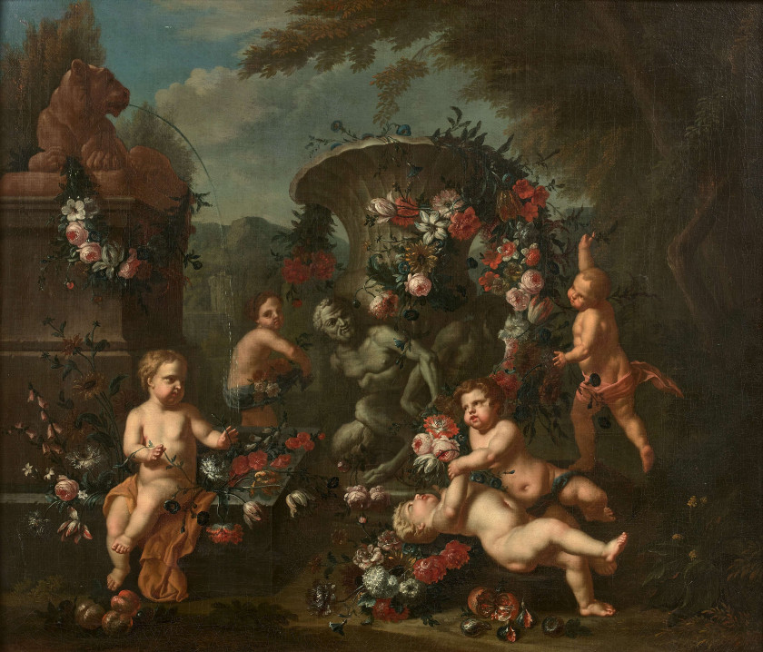 Francesco LIBERTI Actif à Urbino à la fin du XVIIe - début du XVIIIe siècle Jeux de putti dans un parc Paire de toiles