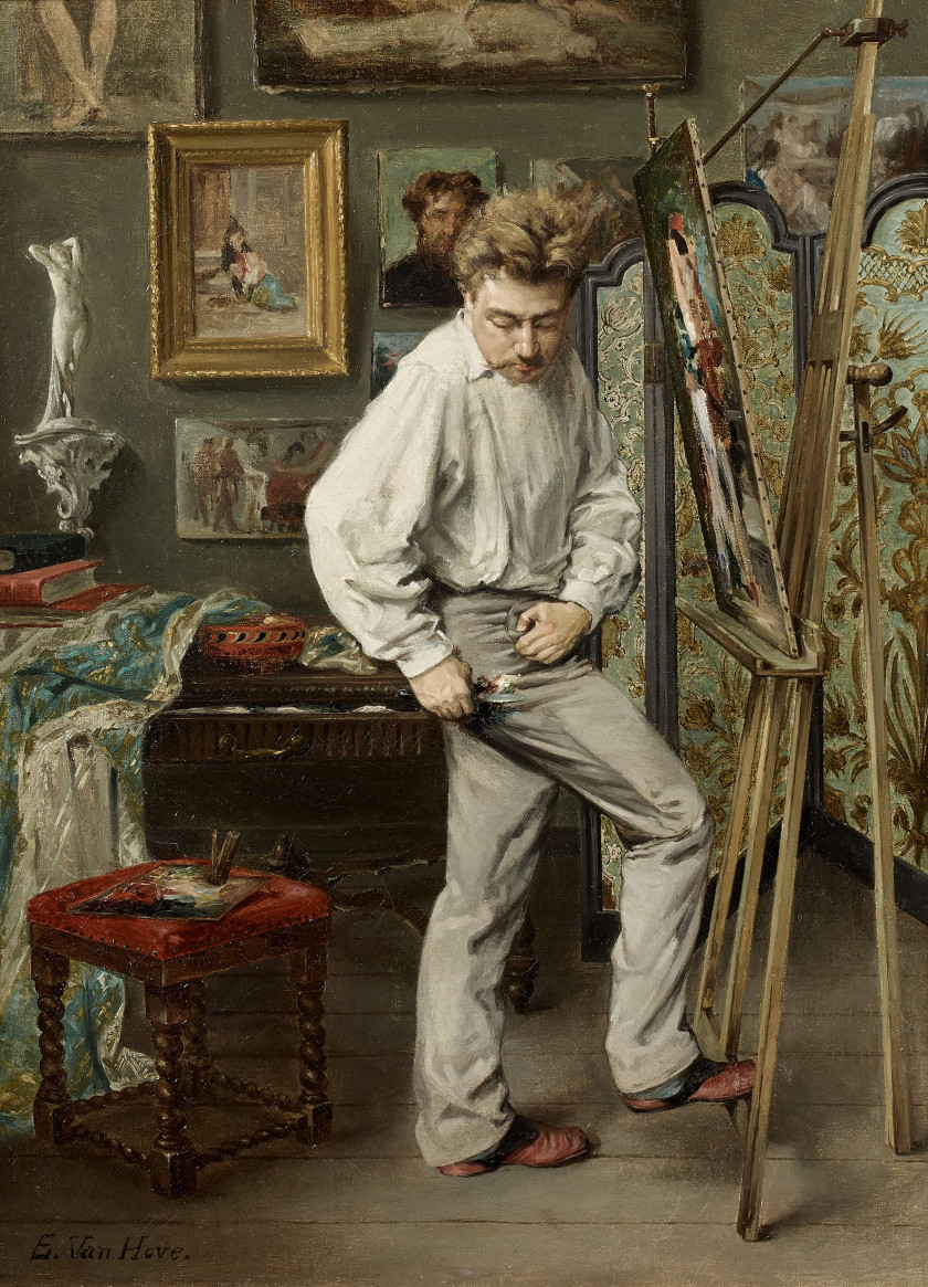 Edmond Theodor van HOVE Bruges, 1851 - 1913 Autoportrait de l'artiste dans son atelier Huile sur toile (Toile d'origine),