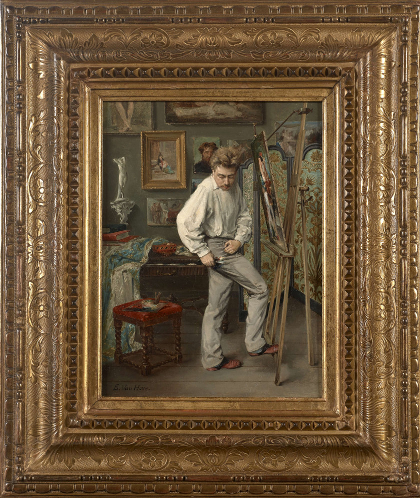 Edmond Theodor van HOVE Bruges, 1851 - 1913 Autoportrait de l'artiste dans son atelier Huile sur toile (Toile d'origine),