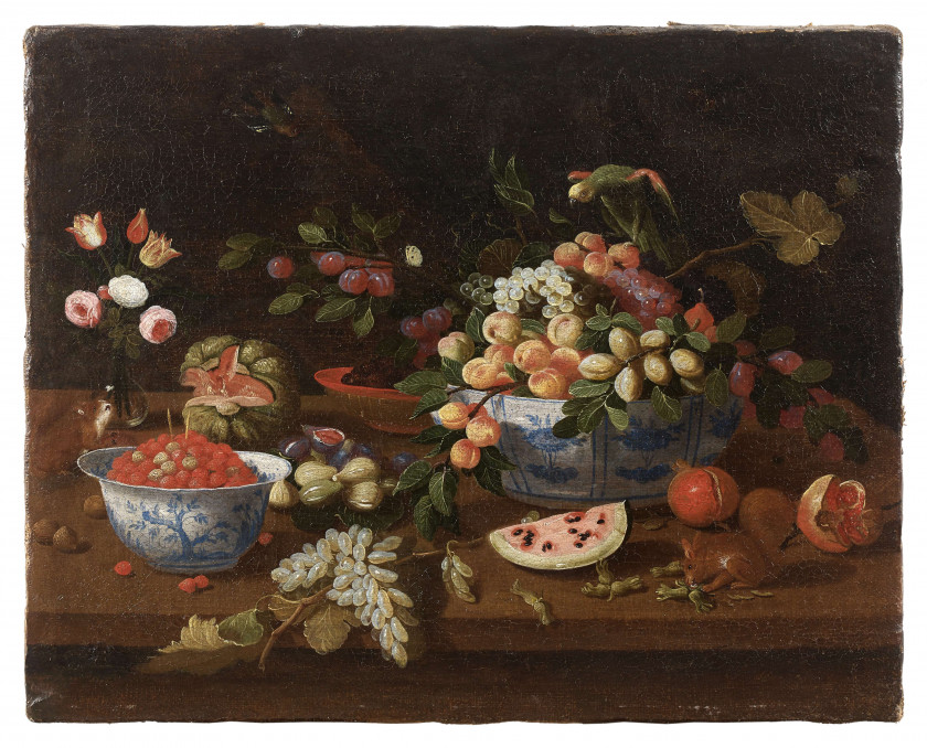 Jan van KESSEL le Jeune Anvers, 1654 - Madrid, 1708 Fruits dans des coupes de porcelaine, bouquet de fleurs et écureuils Huile sur t...