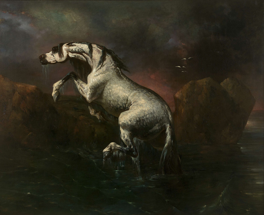 Alfred De DREUX Paris, 1810 - 1860 Cheval sortant de l'eau par temps d’orage, dit autrefois Mazeppa Huile sur toile