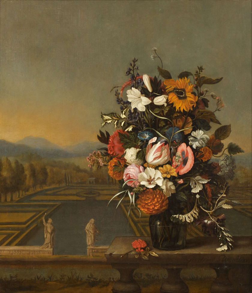 Geertuid WIJNTIES Delft, 1636 - 1712 Bouquet de fleurs sur une balustrade Huile sur toile