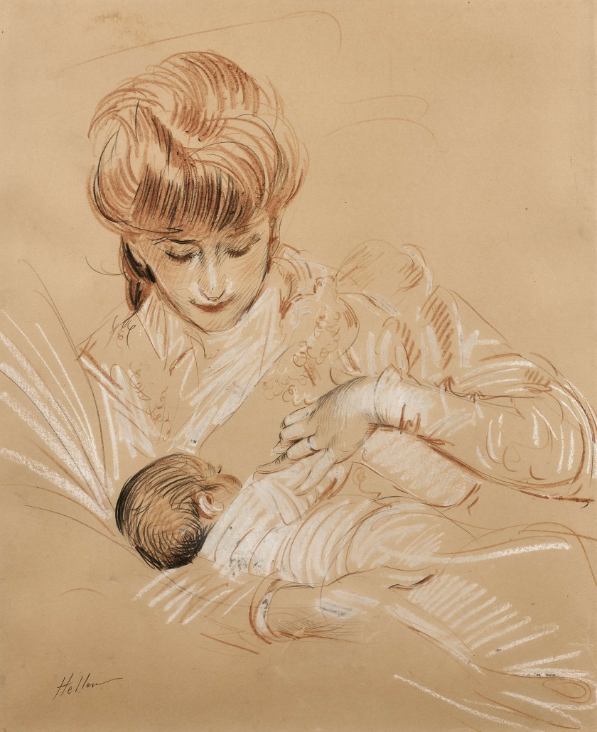 Paul César HELLEU Vannes, 1859 - Paris, 1927 L'épouse de l'artiste allaitant son enfant Trois crayons