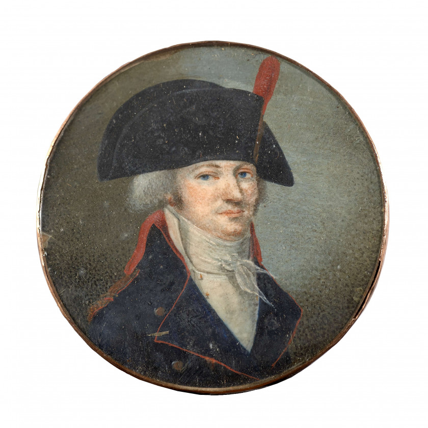 Ecole française de la fin du XVIIIe siècle  Portrait d'un officier d'artillerie Aquarelle gouachée sur papier, de forme ronde