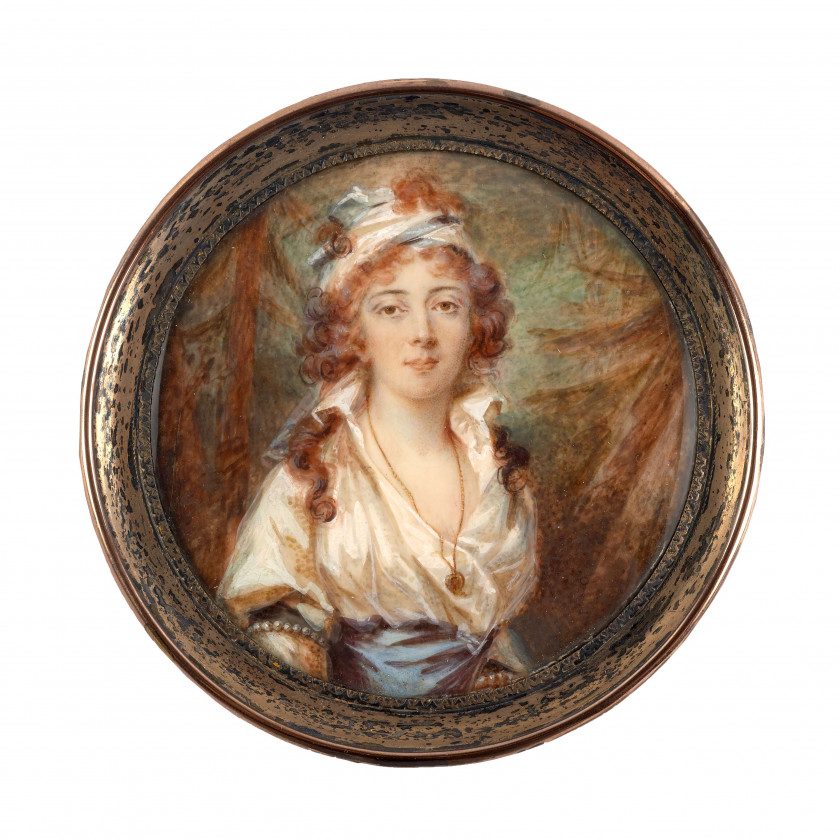 Ecole française de la fin du XIXe siècle Dans le goût de la fin du XVIIIe siècle Portrait de jeune femme rousse à la robe blanche Mi...